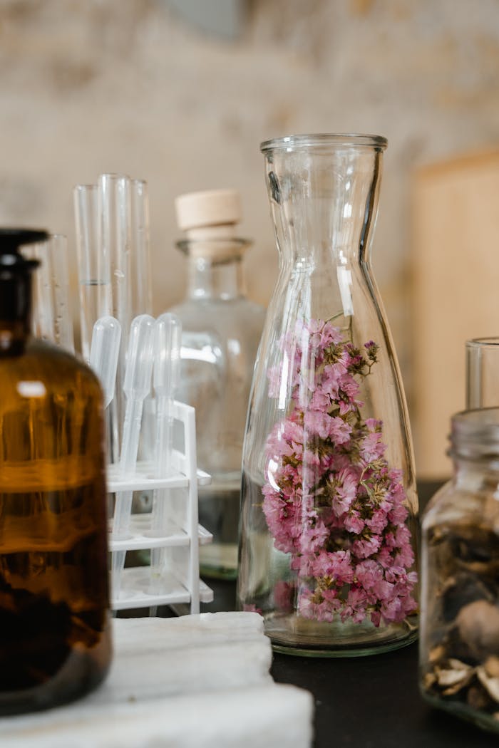 Glass bottles and test tubes with pink flowers, symbolizing natural aromatherapy and wellness.